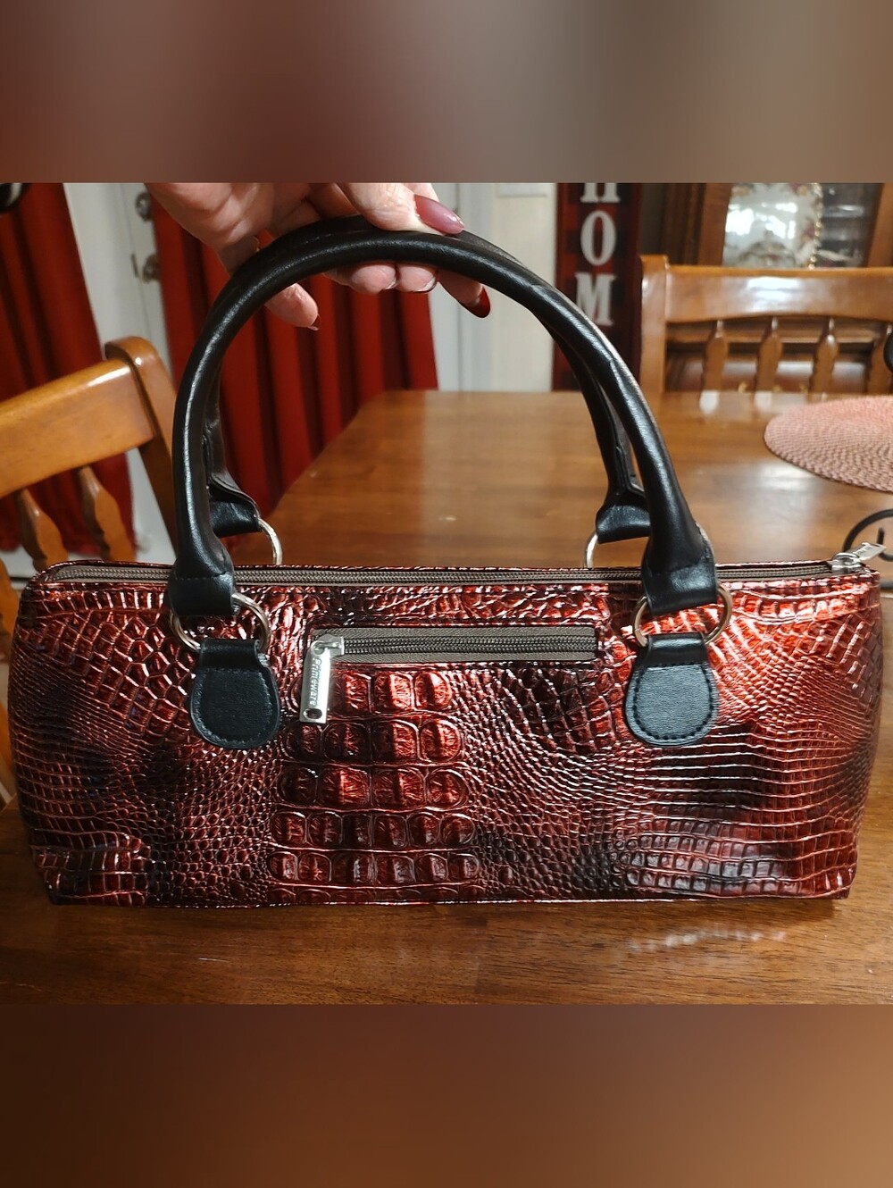Croc-Embossed Red Metallic Lunch Satchel with Black Handles